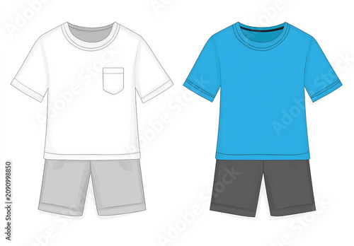 two short sleeve t shirt and short sets, isolated on a transparent background.