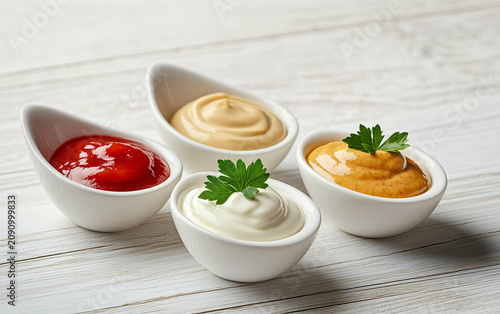 Mustard, ketchup and mayonnaise on wooden table .Selective focus