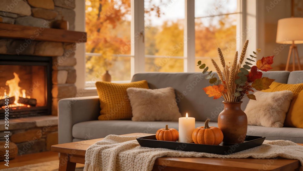 Fototapeta premium Cozy living room with fireplace and autumn decor