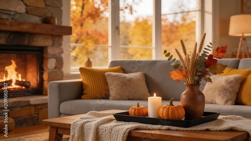 Cozy living room with fireplace and autumn decor