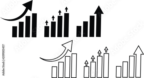Black and white bar graphs with upward arrows chart growth increase