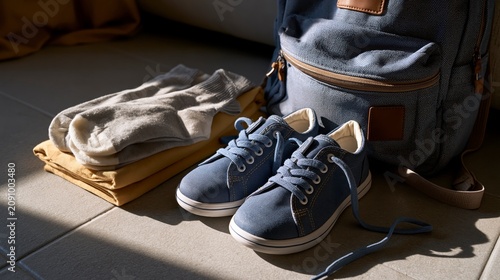 School backpack, sneakers, and striped clothes on floor in sunlight back to school photo