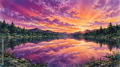 Anime style illustration of a magical calm lake reflecting a stunning purple and pink sunset sky, dense green pine forest bordering the tranquil water, beautiful dramatic clouds, serene