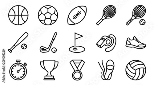 Minimalist Black and White Line Icons Set of Sports Equipment and Activity Symbols for Web Design