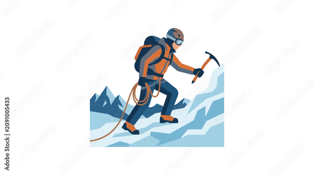 Obraz premium A professional mountaineer climbing a snowy mountain peak with an ice axe.