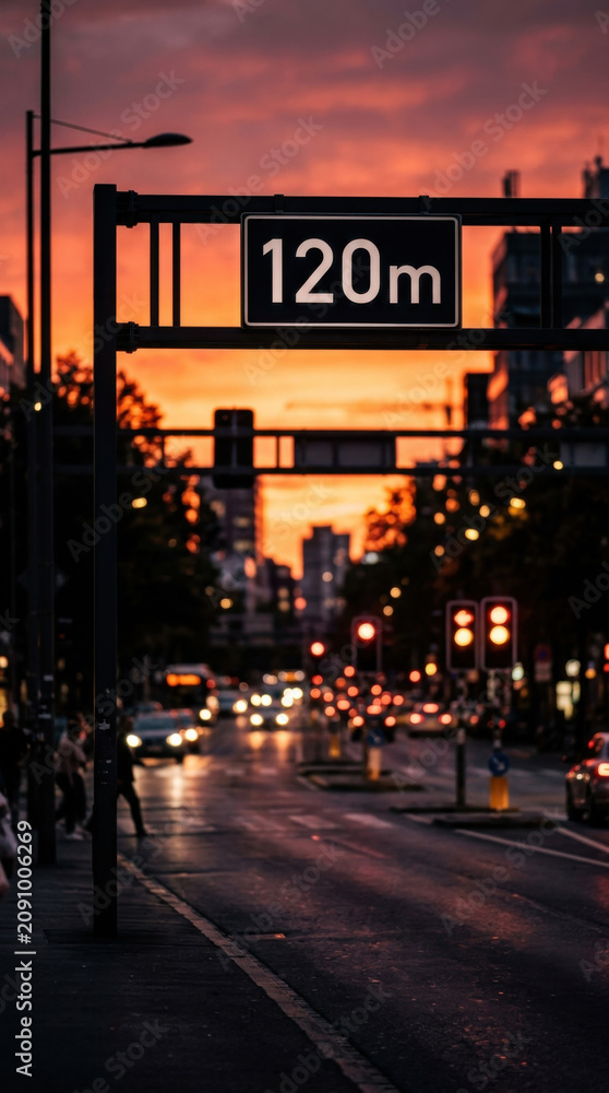Fototapeta premium Urban Sunset Cityscape Distant City Lights And Traffic Sign