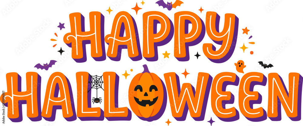 Fototapeta premium Happy halloween colorful 3d text with jack o lantern
