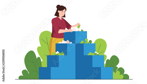Woman carefully inserts paper ballots into a stacked blue ballot box to participate in the local election process during the day.