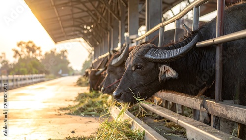 Water buffaloes eating grass at farm
