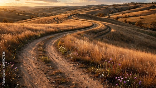 Breathtaking scenic nature landscape featuring winding dirt road passing through beautiful golden rolling hills covered with dry autumn grass and colorful wild flowers under warm evening