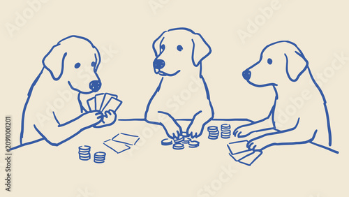 Playful minimalist blue and beige illustration of three dogs humorously playing poker with cards and chips around table