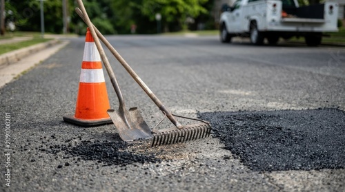 A traffic cone, shovel, and rake positioned on fresh asphalt at an active road repair site, representing essential equipment used for pavement patching and street maintenance. 