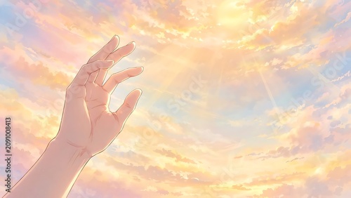 Anime style illustration, delicate human hand reaching gracefully towards beautiful glowing sunset sky filled with soft colorful clouds and bright warm sunbeams creating peaceful dreamy
