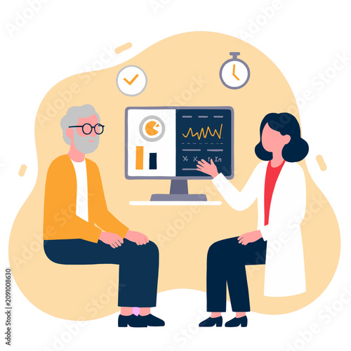 Older man consulting with female doctor about health metrics on computer. Elderly set  