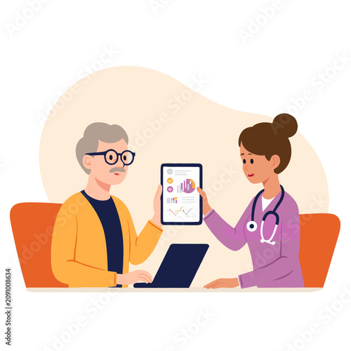 Elderly man consulting with female doctor while looking at tablet. Elderly set  