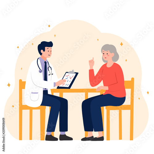 Doctor discussing health with elderly woman at table in clinic. Elderly set  