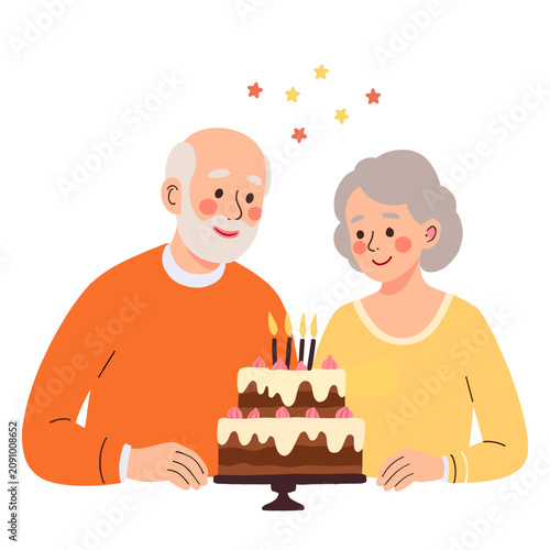 Elderly couple celebrating with birthday cake and candles. Elderly set  
