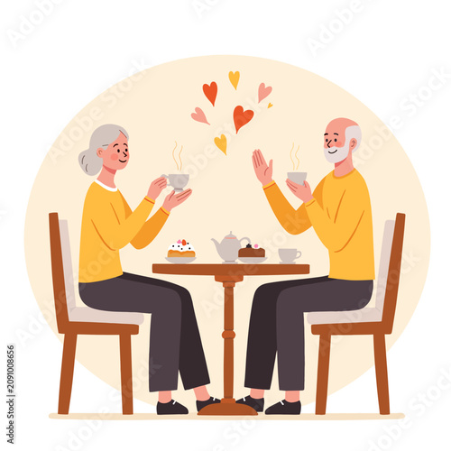 Elderly couple enjoying tea and desserts at a table with heart symbols. Elderly set  
