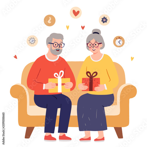 Elderly couple sitting on sofa and exchanging gifts with smiles. Elderly set  