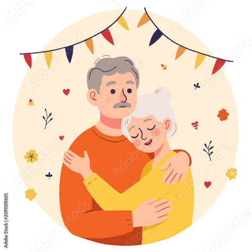 Elderly couple embracing with happiness in decorative background. Elderly set  