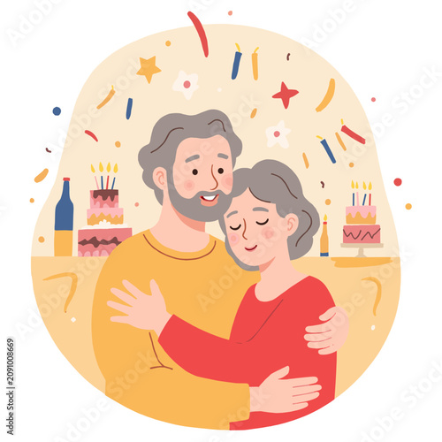 Elderly couple celebrating with hugs and smiles at birthday party. Elderly set  