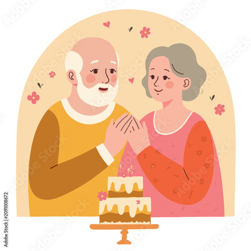 Elderly couple smiling and holding hands by birthday cake with flowers. Elderly set  