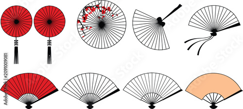 Traditional Chinese folding hand fan vector set featuring cherry blossom patterns red lanterns and oriental silhouettes