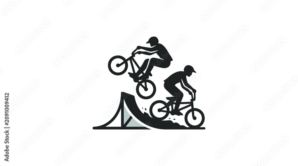 Obraz premium Minimalist silhouette illustration of two BMX cyclists performing stunts on a ramp.