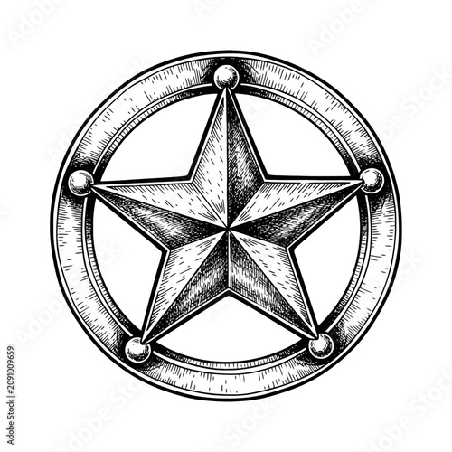 Vintage engraved sheriff star badge with detailed shading and circular border.