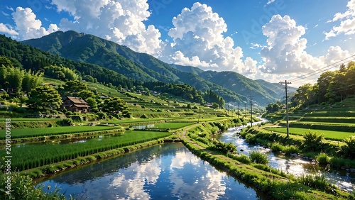 Anime style illustration, breathtaking rural landscape featuring lush green terraced rice fields beside clear flowing river reflecting huge fluffy clouds and bright summer sky near