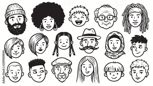 Bild auf Leinwand Diverse cartoon portraits of sixteen people with unique hairstyles accessories a