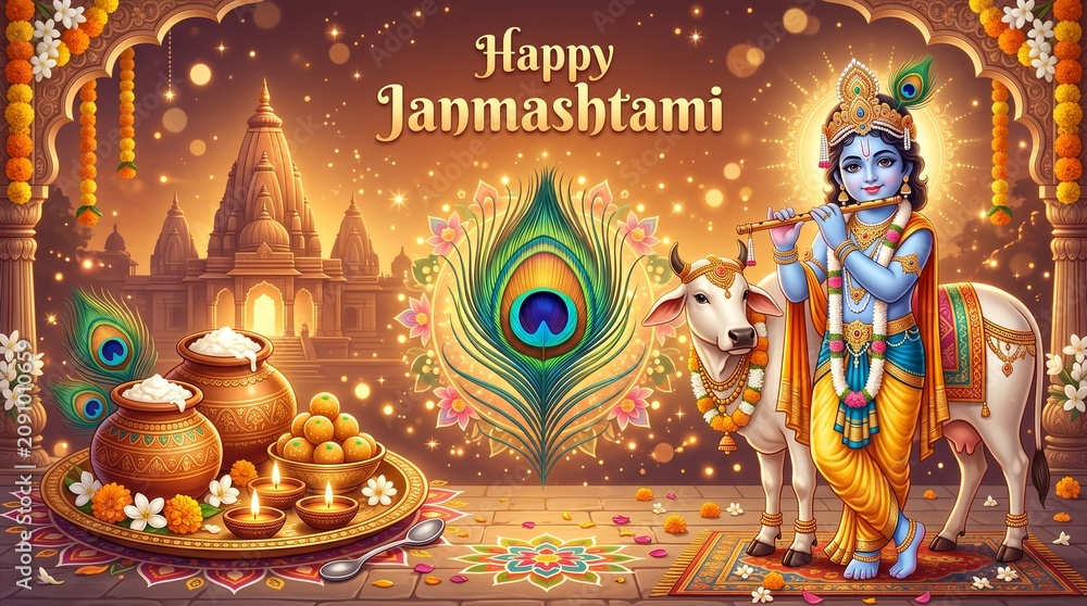 Fototapeta premium Divine Krishna with flute and sacred cow for Janmashtami celebration greeting banner and devotion