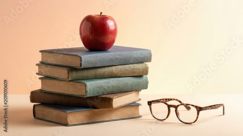 National Book Lovers Day Books Apple Glasses Stack Table Education Learning School Minimalist Library Reading Literature