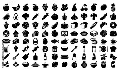 Food Vegetable Bakery and Fruit Solid Black Icon Set Vector Collection