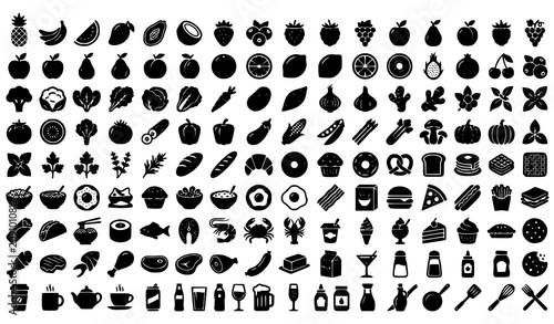 Premium Solid Food Vegetable Fruit and Bakery Icon Collection Vector