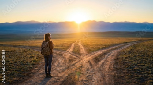 International Youth Day Woman Backpack Crossroads Sunset Nature Standing Landscape Travel Freedom Peaceful Adventure Journey Hiking