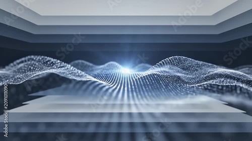 Abstract Digital Landscape Featuring Glowing Data Wave Particles and Futuristic Motion Graphics Layers in Deep Blue Tones