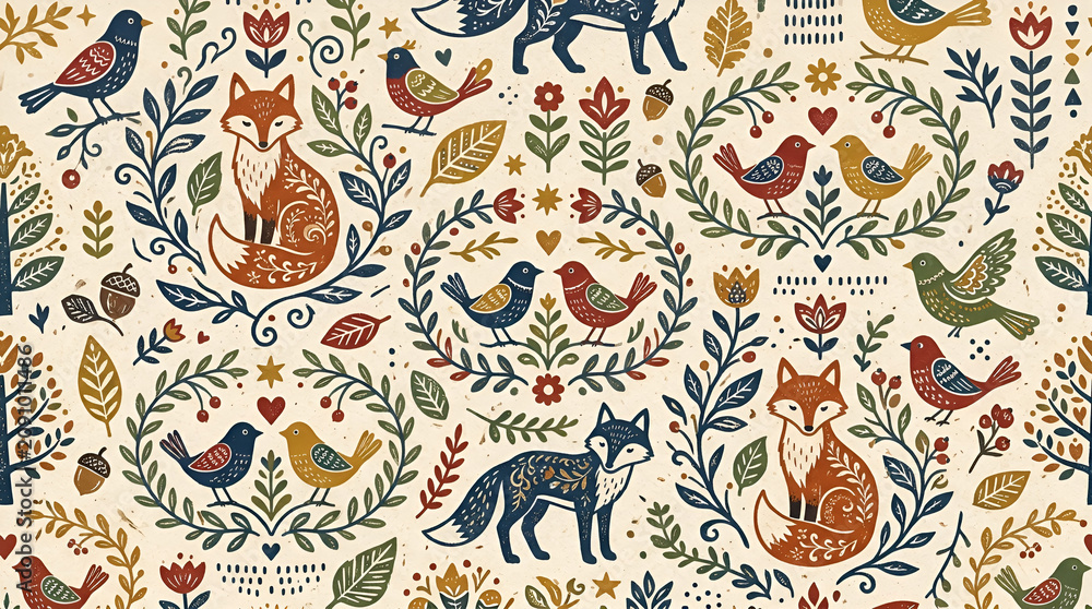 Naklejka premium whimsical forest animals seamless pattern with foxes birds and leaves on beige background