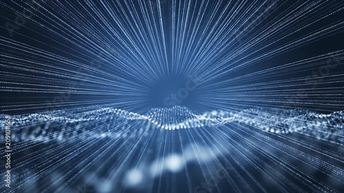 Abstract Digital Landscape with Glowing Particles and Radiating Light Rays for Technological Backgrounds