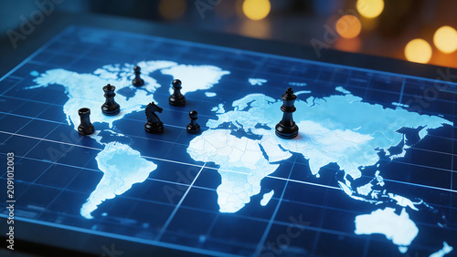 Chess pieces on digital world map