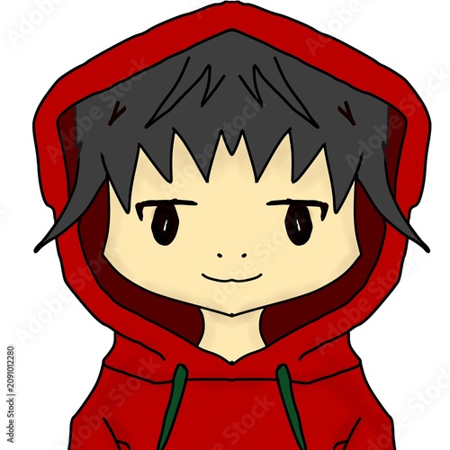 Portrait of an Anime Style Character Wearing a Red Hoodie with Dark Hair and a Friendly Expression
