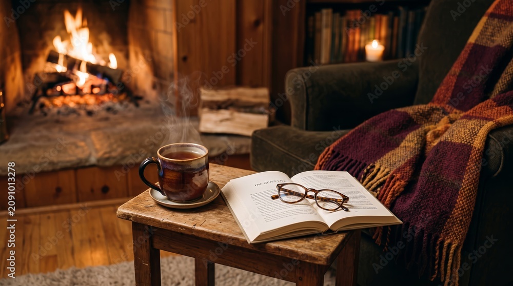 Fototapeta premium Warm interior scene with an open book beside a steaming cup of coffee near a fireplace. Concept of relaxation, comfort, and hygge lifestyle; ideal for home decor and lifestyle media. Generative AI