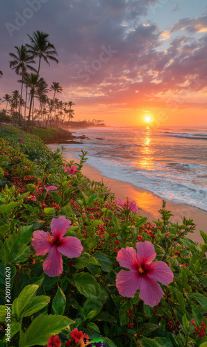 Vibrant tropical sunset with pink hibiscus flowers blooming along lush green coastline under colorful sky and palm trees