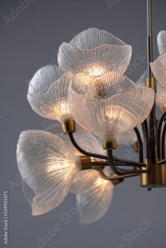 Modern chandelier with glass flower shaped lampshades glowing warmly, creating elegant and cozy atmosphere in room
