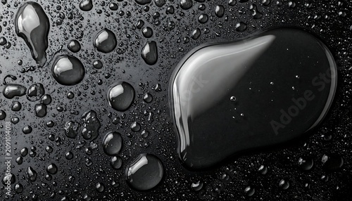 Water droplets glistening on a dark surface