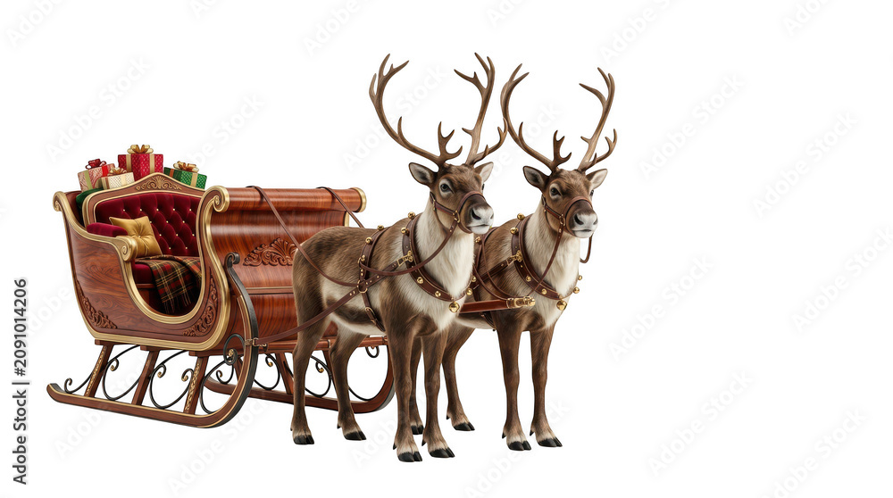Fototapeta premium Santa claus sleigh with two reindeer pulling it isolated on transparent background
