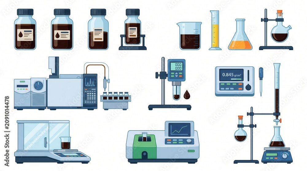 Fototapeta premium Various modern laboratory instruments and glassware display chemical testing and analysis