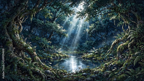 Anime style illustration of a dark enchanted forest at night, bright moonlight rays shining through the dense canopy onto a small calm pond, glowing plants, mysterious woodland atmosphere,
