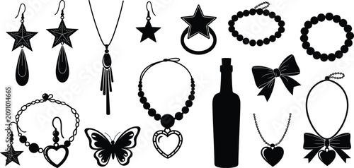 Bild auf Leinwand Vector black silhouette collection of women's fashion jewelry accessories including star earrings necklaces bracelets hearts and bows isolated on white background illustration set