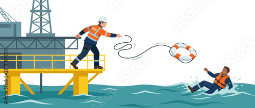 Offshore worker throws life preserver to drowning colleague near oil rig platform